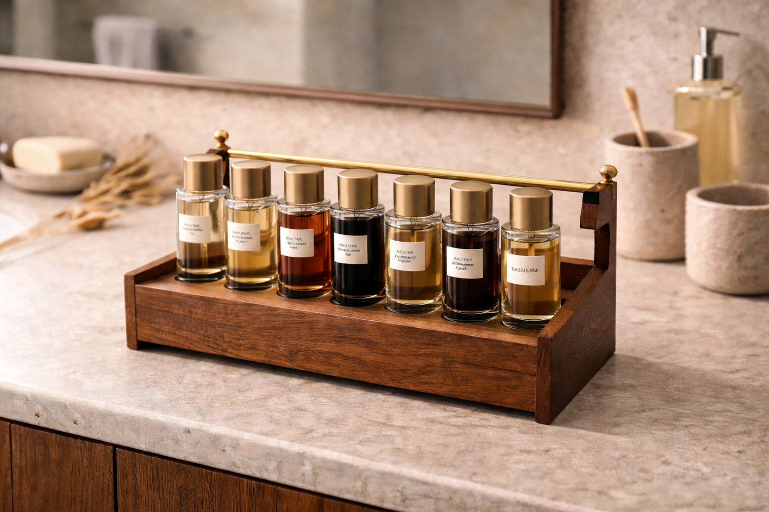 Fragrance Stack - wooden station with perfume bottles on bathroom counter