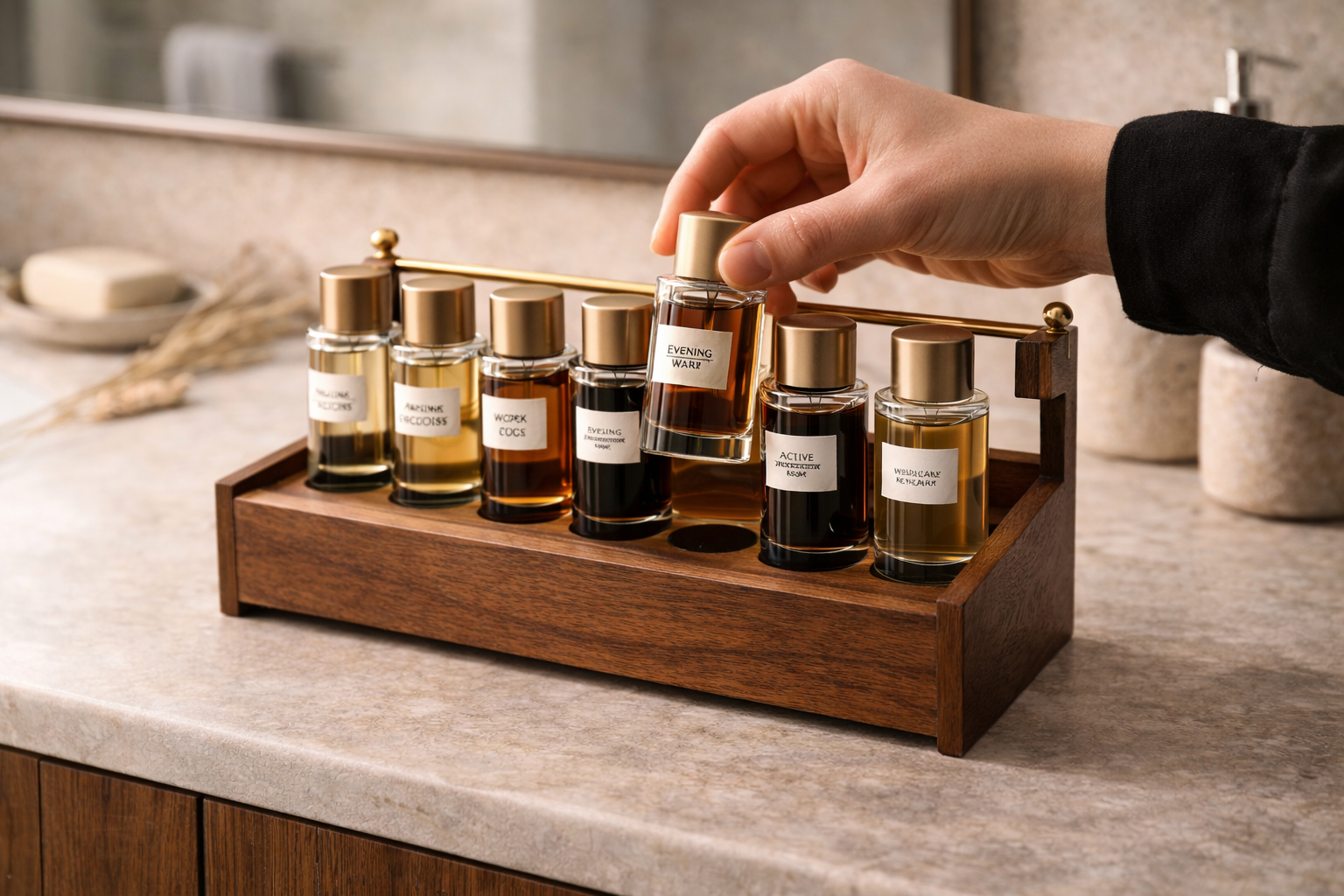 Hand selecting a perfume bottle from the Fragrance Stack